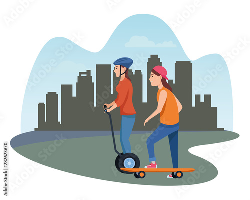 Friends with skateboard and scooter