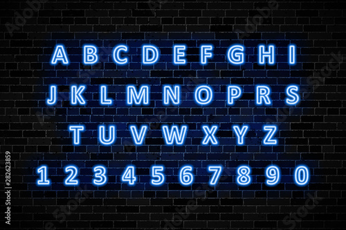 blue neon signs capital letters and numbers on dark brick wall background. modern vector alphabet easy to edit and customize. eps 10