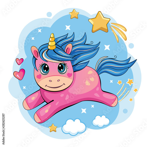  A cute and funny unicorn is flying across the sky. Cartoon and fabulous illustration with a pink little pony, a star and a heart. Romantic story. Wonderland. Vector.