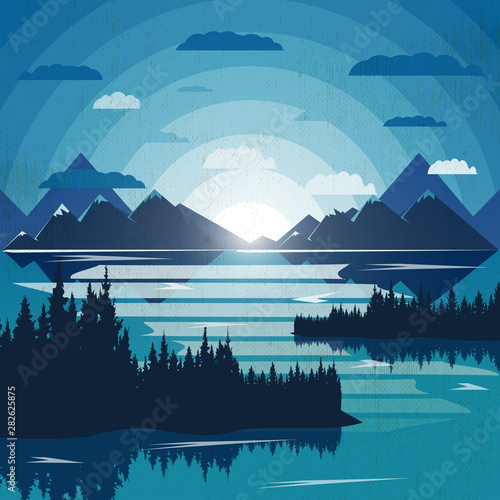 Nord Landscape illustration with forest and lake