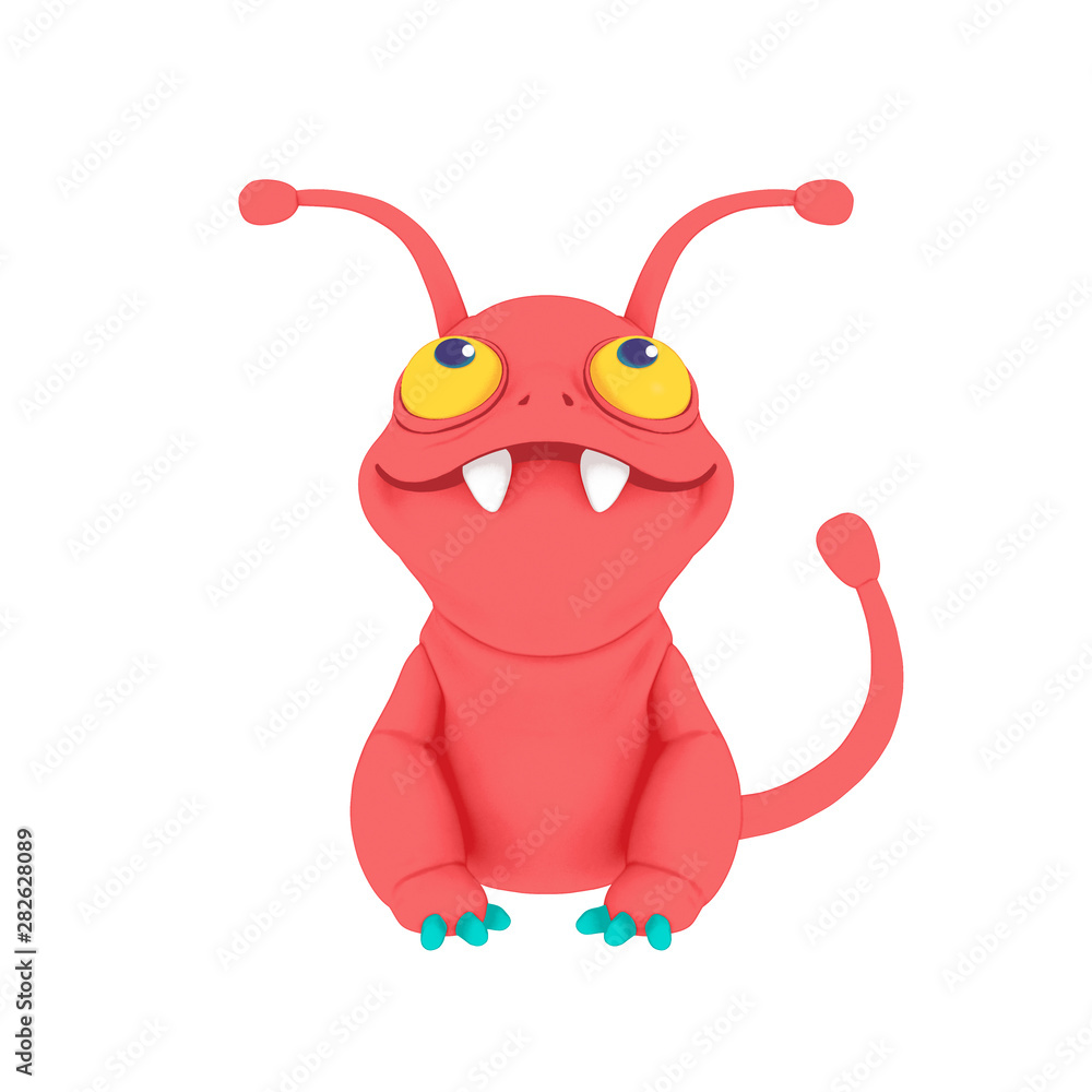 Hand drawn digital illustration of a cute little cartoon red monster  sitting isolated on white background. Concept art character of smiling frog  mutant. Alien character. Illustration of funny monster Stock Illustration |