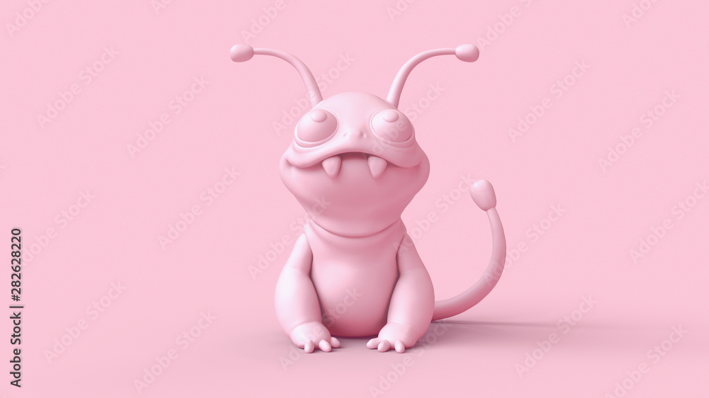 3d digital illustration of a cute little cartoon monster. Concept art  character of smiling frog mutant. Monochrome pink rendering of a stylized  alien character. Wallpaper funny monster with big teeth. Stock Illustration  |