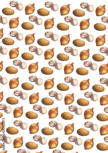 Watercolor illustration pattern of champignons, onion and potato on a white background