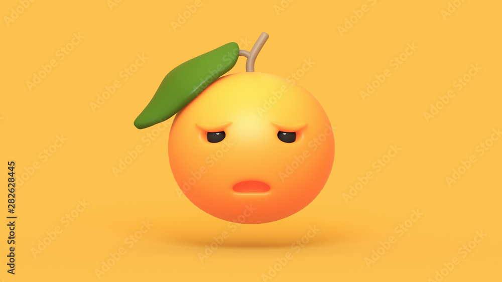 Fototapeta premium 3d digital illustration of orange cute fruit cartoon character on yellow background. Concept art of a sad orange smiley face icon. Healthy food emoji of orange fruit. Fresh ripe grapefruit with leaf.
