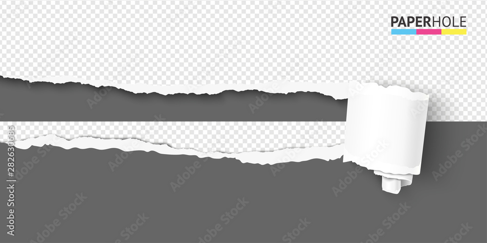 Half empty realistic torn paper scroll and hole on horizontal halfed transparent  background for sale poster. Vector rip edge banner concept with tear paper  curled piece isolated for scrapbooking or ad Stock
