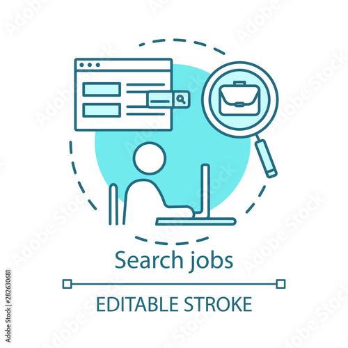 Search job concept icon. Work finding idea thin line illustration. HR management. Headhunting, hiring. Recruitment, employment. Job application. Vector isolated outline drawing. Editable stroke
