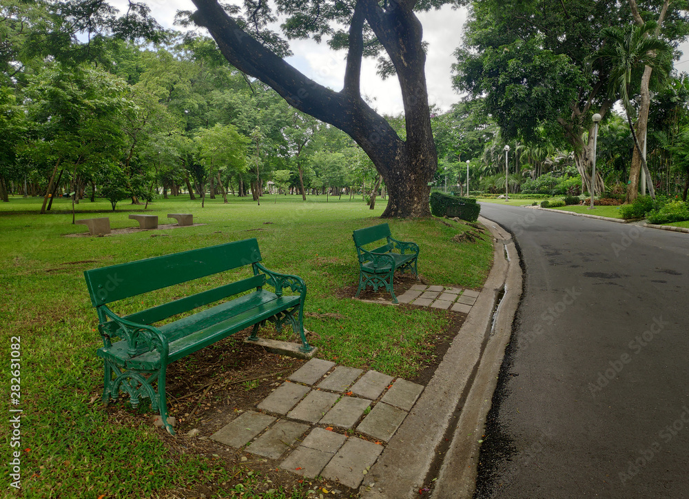 Bench in the garden of Chatuchak Park, where to relax Go with a cloudy day Bench in the garden of Chatuchak Park, where to relax Go with a cloudy day