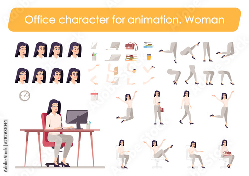 Businesswoman front view animated flat vector character design. Office manager character animation creation cartoon set. Employer constructor with various face emotion, body poses, gestures, legs kit