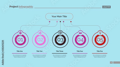 Five ideas process chart slide template. Business data. Step, flow, design. Creative concept for infographic, presentation, report. Can be used for topics like marketing, teamwork, research.