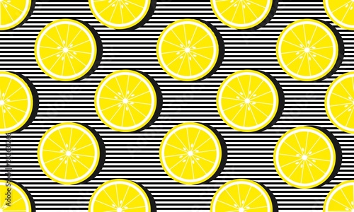 Seamless background with with stripes and lemon slices with dark shadow. Vector illustration design for greeting card or template.