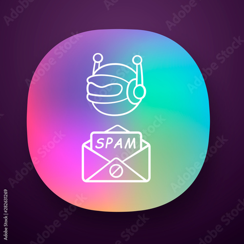 Spambot app icon. Virus advertisements, links. Spam bot. Malicious phishing sites. Spam advertising software sending. UI/UX user interface. Web or mobile application. Vector isolated illustration