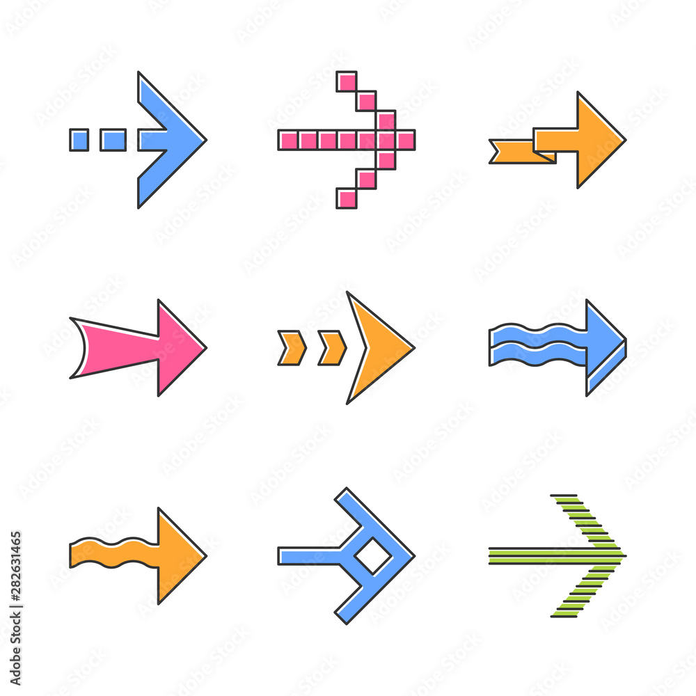 Arrows color icons set. Wavy, pixel, folding, striped, dashed next arrows. Navigation pointer, indicator sign. Arrowheads pointing to right direction. Isolated vector illustrations Arrows color icons set. Wavy, pixel, folding, striped, dashed next arrows. Navigation pointer, indicator sign. Arrowheads pointing to right direction. Isolated vector illustrations