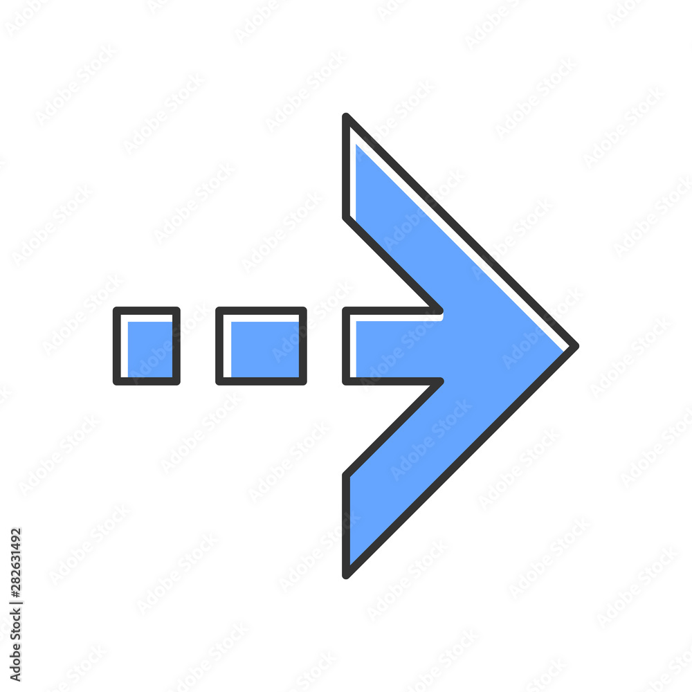 Blue arrow with dotted dash line color icon. East direction. Arrow pointing to right direction. Next, forward. Navigation pointer, indicator sign. Direction move. Isolated vector illustration Blue arrow with dotted dash line color icon. East direction. Arrow pointing to right direction. Next, forward. Navigation pointer, indicator sign. Direction move. Isolated vector illustration