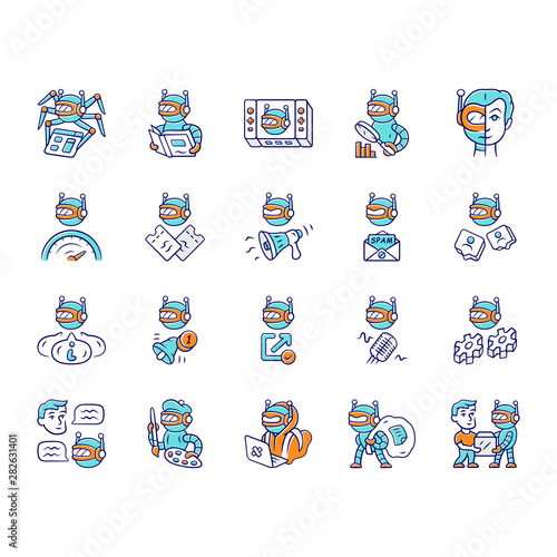 Bot types color icons set. Crawler, hacker, spambot, impersonator, scraper, propaganda, informational robot. Technology, artificial intelligence, ai. Virtual reality. Isolated vector illustrations