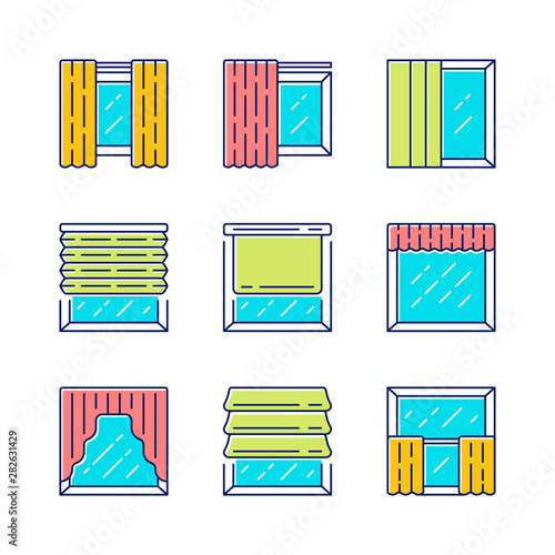 Window shutters color icons set. Roller, roman shades, panel, swags, valance. Motorized jalousie. House and office window decoration. Home interior shop. Isolated vector illustrations