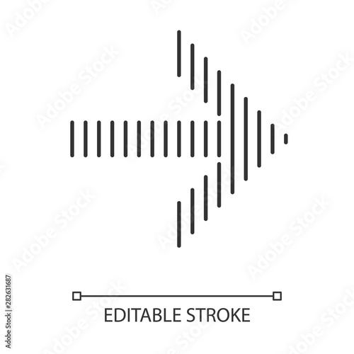 Striped arrow linear icon. Arrowhead indicating rightward. Navigation pointer, indicator. Orientation arrow. Thin line illustration. Contour symbol. Vector isolated outline drawing. Editable stroke