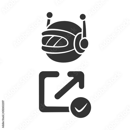 Backlink checker bot glyph icon. Website optimization. Artificial intelligence. Support service bot. SEO assistant, ai. Robot machine. Silhouette symbol. Negative space. Vector isolated illustration