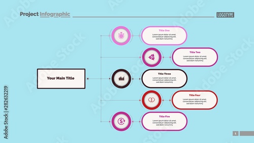 Five options flowchart slide template. Business data. Structure, hierarchy, design. Creative concept for infographic, presentation, report. Can be used for topics like consulting, teamwork, planning.