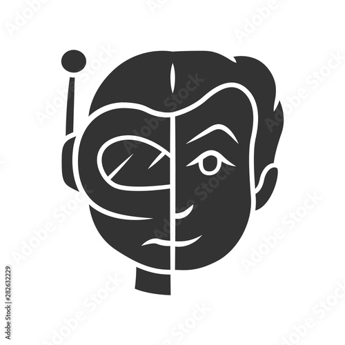 Bot impersonator glyph icon. Automated hacking. False identity. Robot imitator. Cybernetics, technology. Artificial intelligence. Silhouette symbol. Negative space. Vector isolated illustration