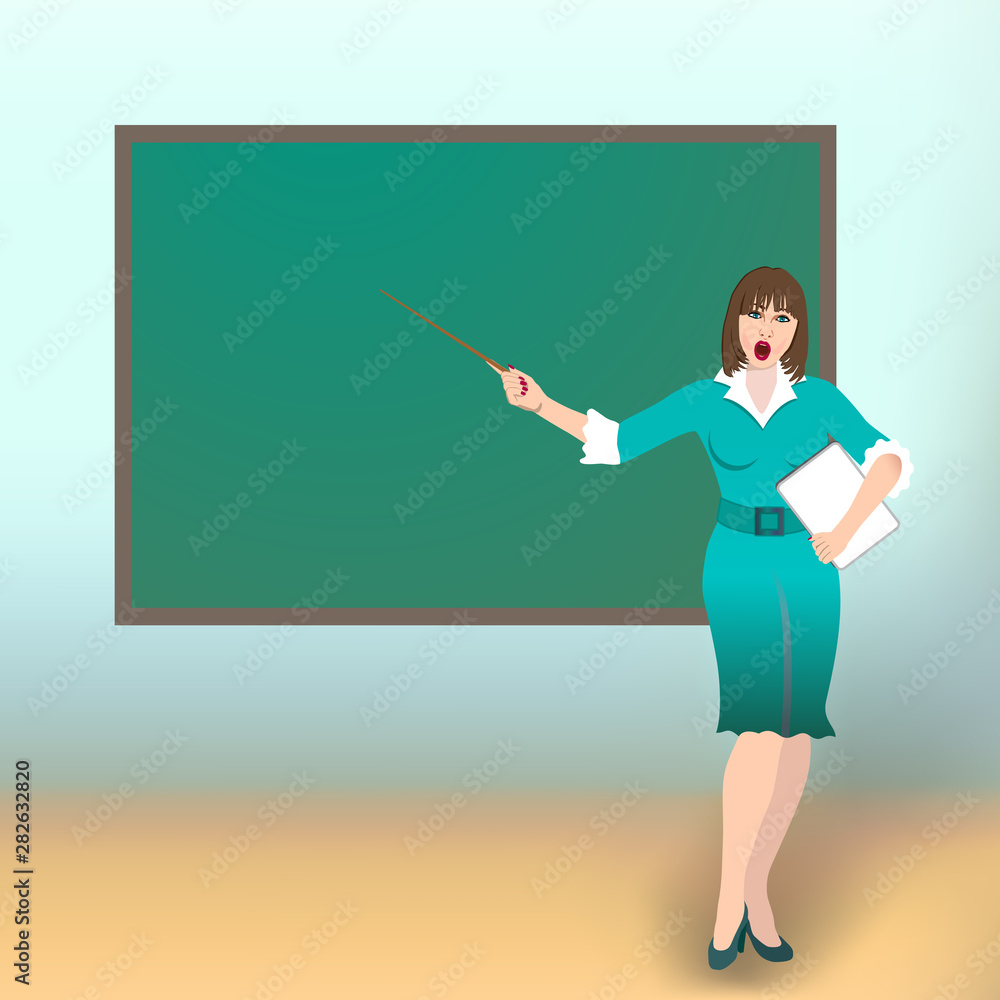 Teacher in front of chalkboard with copy space for your text. Vector illustration. Teacher in front of chalkboard with copy space for your text. Vector illustration.