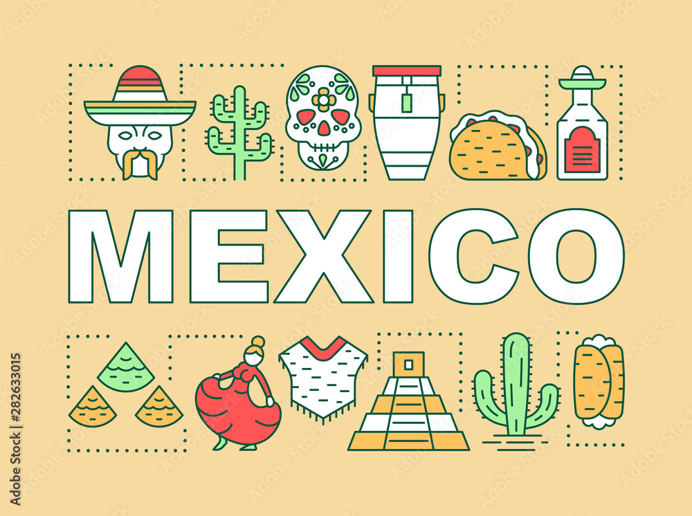 Mexico word concepts banner. Mexican food, music, clothes, attractions