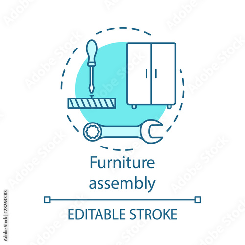 Furniture assembly concept icon. Home service idea thin line illustration. Wooden cupboard installing. Contractor repairman. House gentrification. Vector isolated outline drawing. Editable stroke © bsd studio
