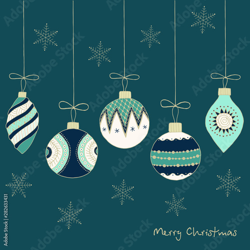 Vector Christmas card Christmas toys on a blue background. Hand-drawn