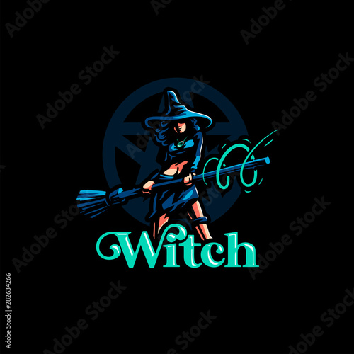 Woman witch with a magic broom