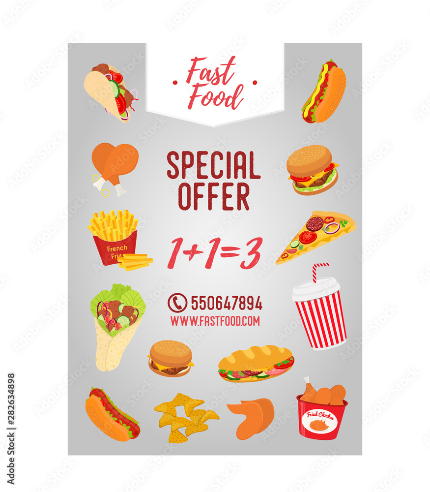Vector fastfood menu flyer. Takeaway restaurant, cafe banner, ad. Vector fastfood menu flyer. Takeaway restaurant, cafe banner, ad.