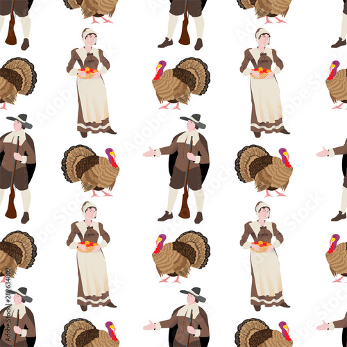 The Indian and American pilgrim, vector seamless pattern with peoples for Thanksgiving Day. The America man and woman in traditional suit.