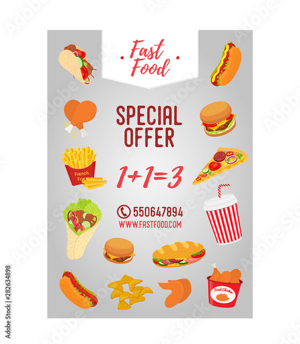 Vector fastfood menu flyer. Takeaway restaurant, cafe banner, ad.