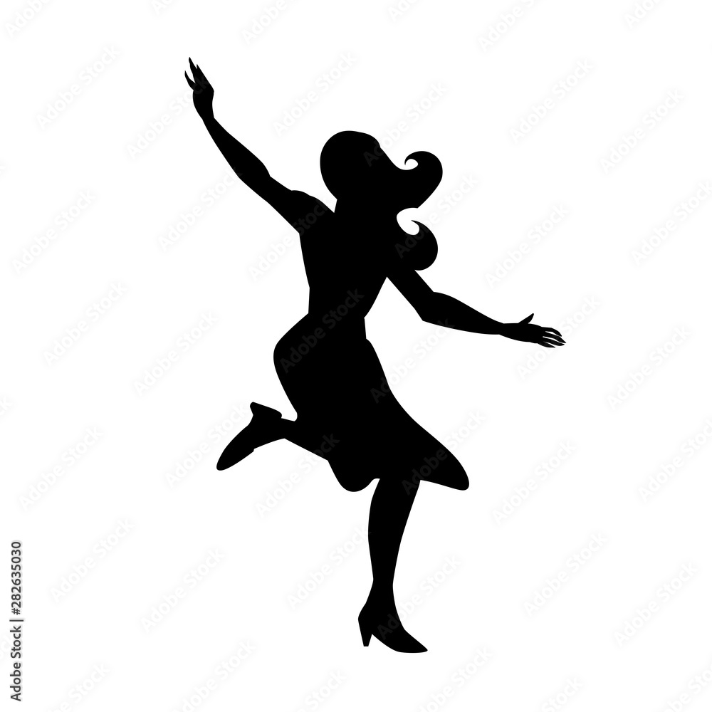 Silhouette of beautiful girl dances. For poster, flyer, studio of dances, shop of woman fashion. Vector black and white illustration. Cutout isolated object.