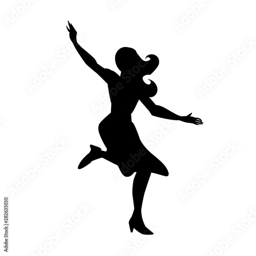 Silhouette of beautiful girl dances. For poster, flyer, studio of dances, shop of woman fashion. Vector black and white illustration. Cutout isolated object.