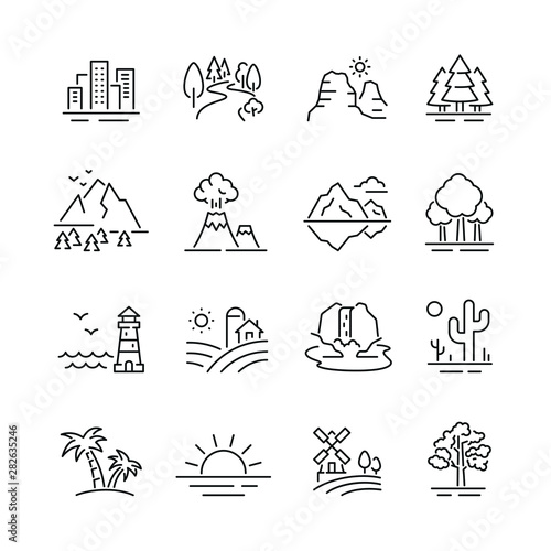Landscape related icons: thin vector icon set, black and white kit