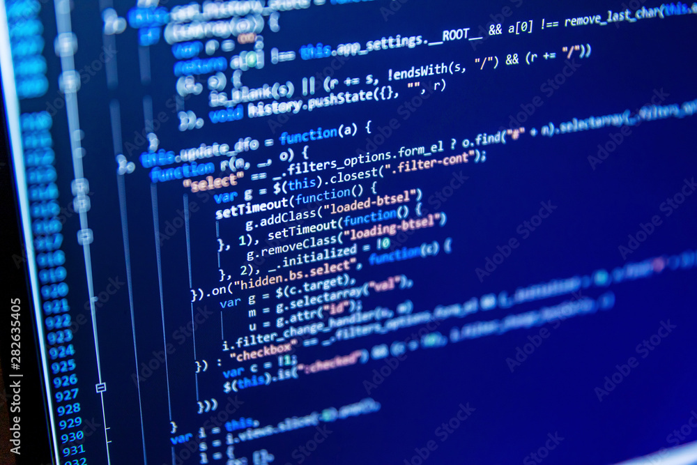 Abstract information digital technology modern background. Javascript  functions, variables, objects. Software developer programming code on black  screen. Script on computer with source code Stock-Foto | Adobe Stock