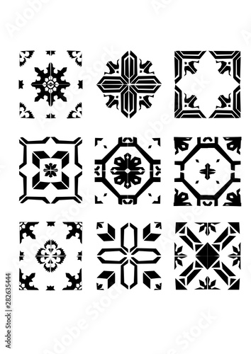 Vector set of decorative black and white tile pattern