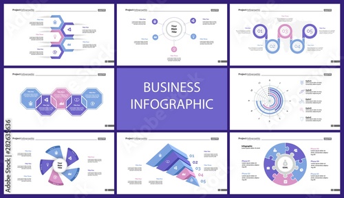 Creative infographic diagrams with geometric elements for project management concept. Can be used for business project, annual report, web design. Process chart, option chart, flowchart, donut diagram