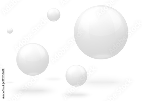 Vector 3D realistic white marble balls, flying in the air, isolated on white background.
