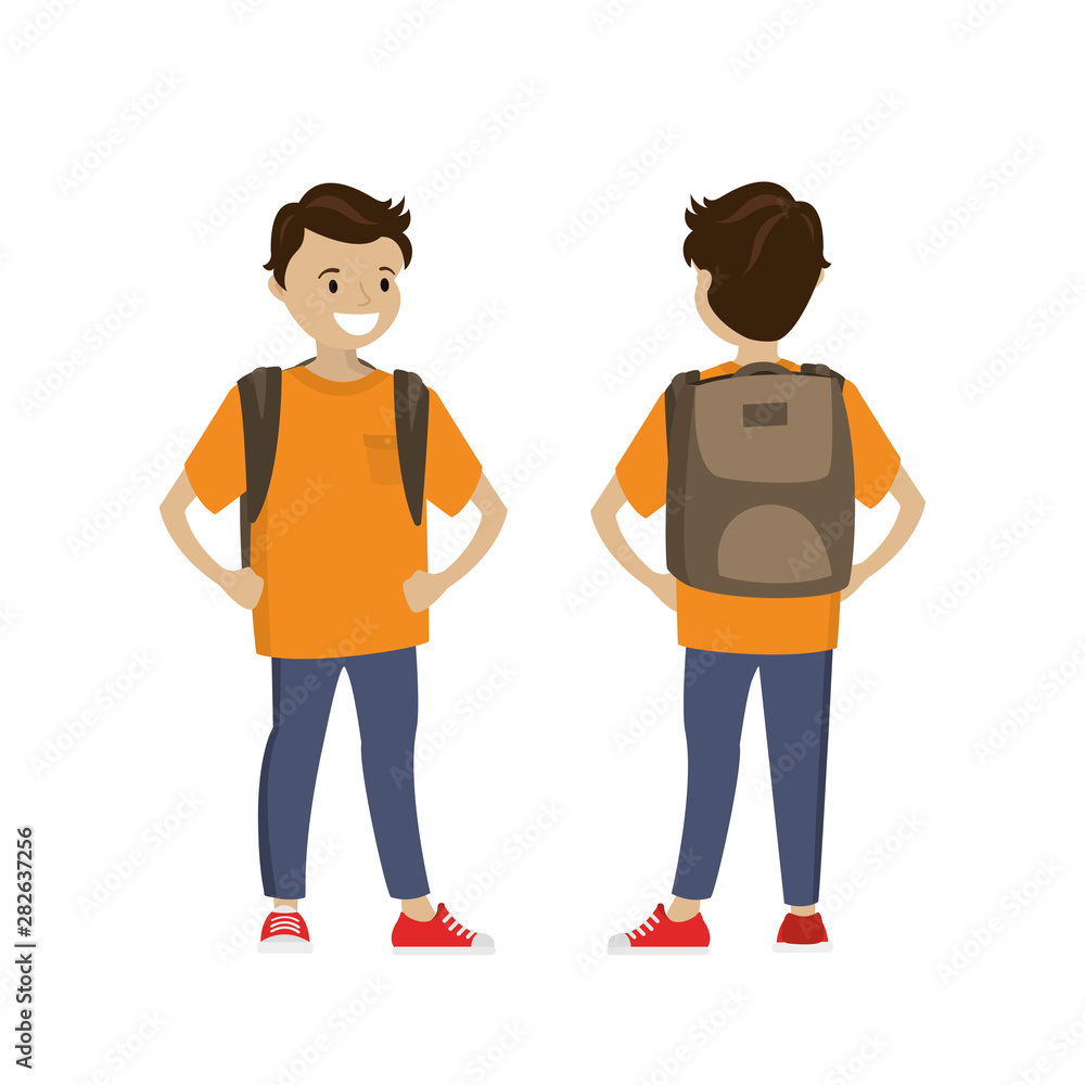 Cartoon caucasian schoolboy with school bag,cute male kid character