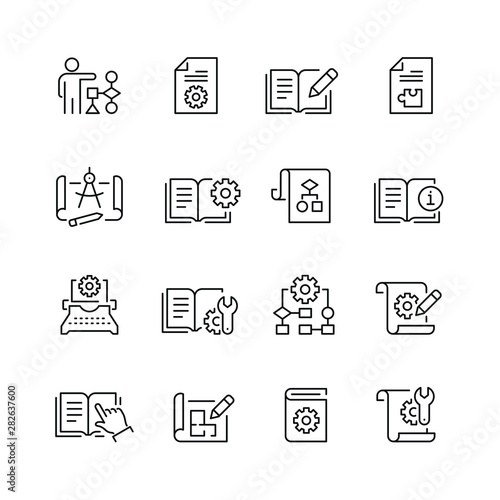 Technical documentation related icons: thin vector icon set, black and white kit