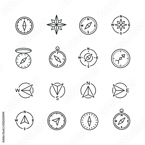 Compass related icons: thin vector icon set, black and white kit