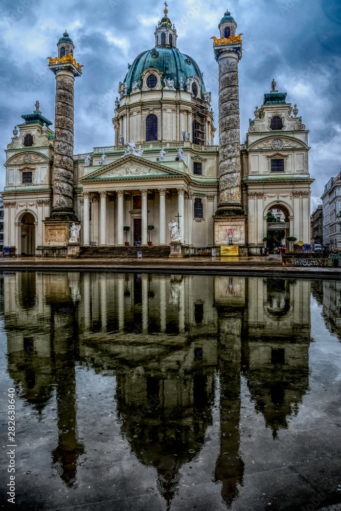 Karlskirche Cathedral in Vienna on a rainy summer day