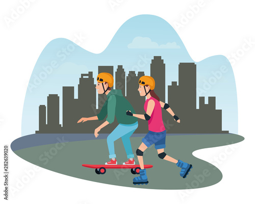 Young people on skateboard and skates