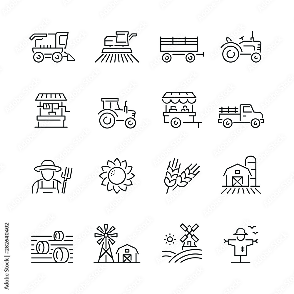 Farming and agriculture related icons: thin vector icon set, black and ...