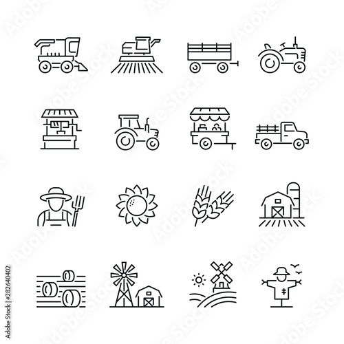 Farming and agriculture related icons: thin vector icon set, black and white kit