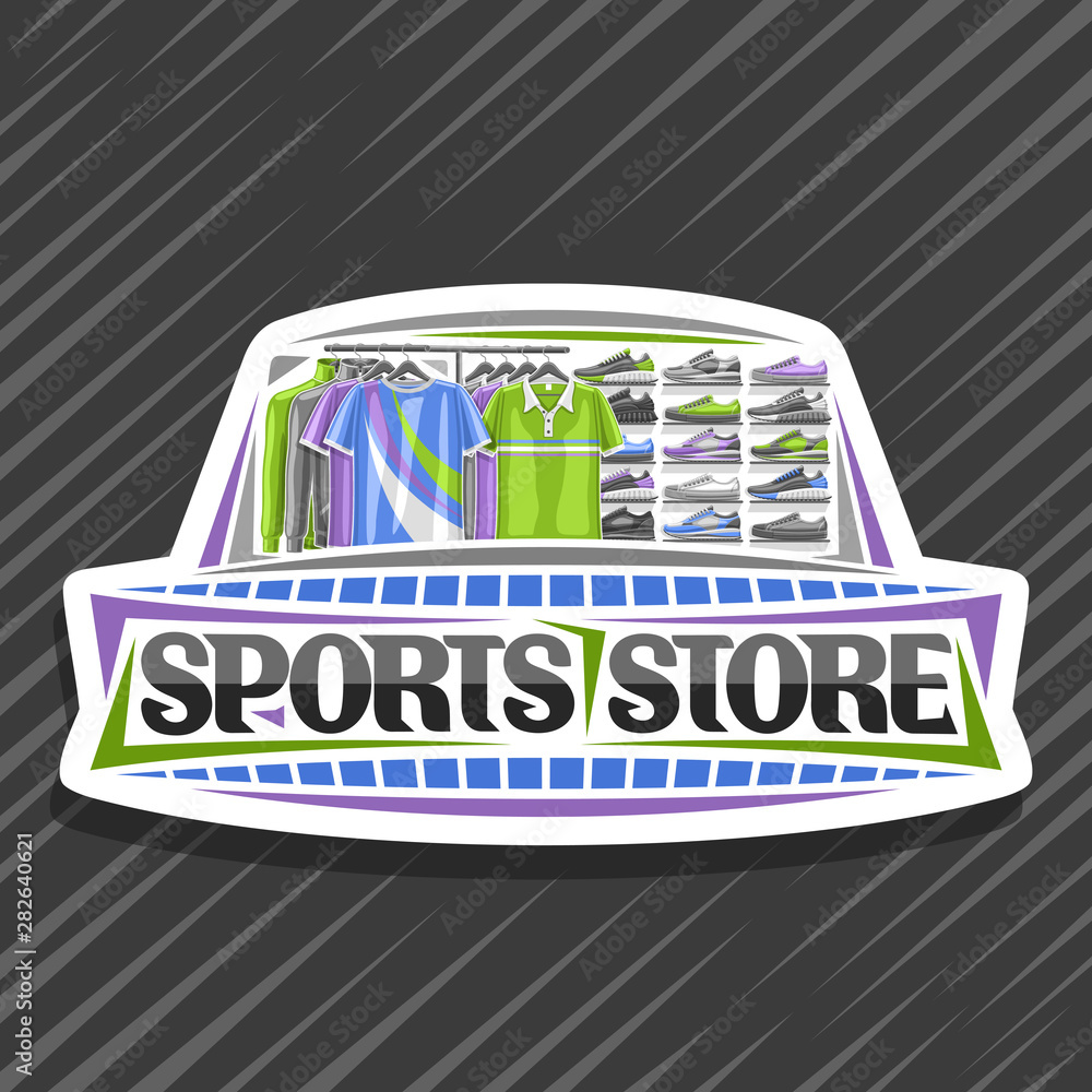 Vector logo for Sports Store, white decorative sign board with illustration of modern sports shoes and new trendy clothes on rack in a row for activity lifestyle, original font for words sports store.