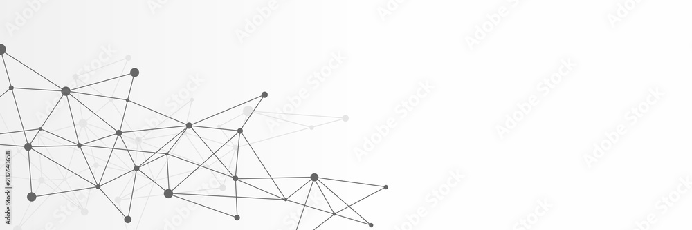 Black and white abstract futuristic crypto blockchain illustration. Grey dots and shapes in triangles for website header or banner design