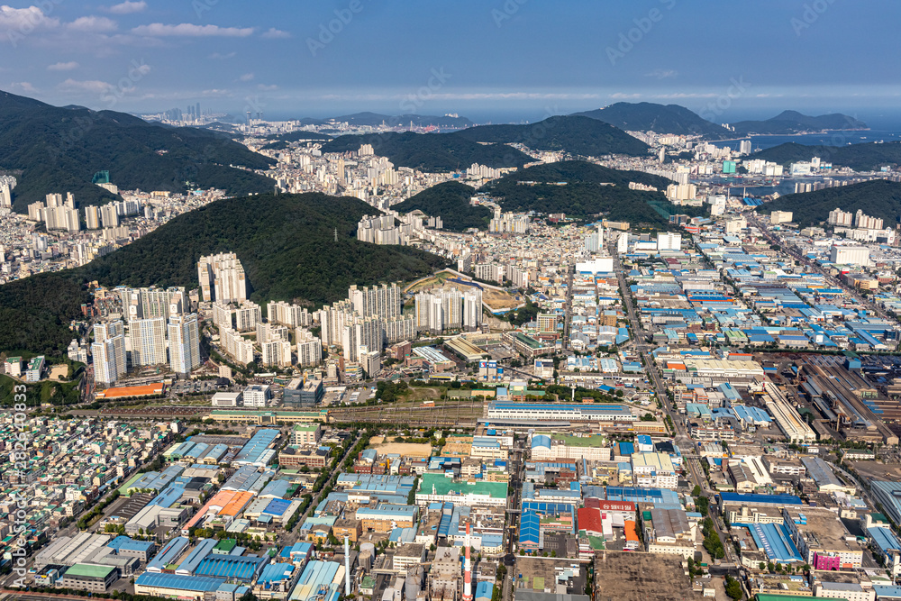 Busan, Korea - June 22, 2019: Aerial view of Busan Metropolitan City