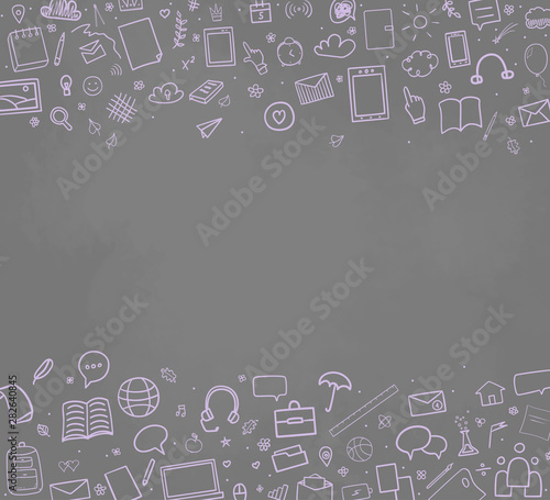 Back to school. Abstract blackboard. Sketchy background with hand drawn school supplies. Banner design. Education concept