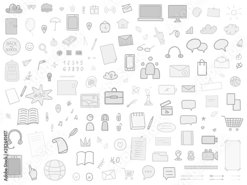 Back to school. Set of school supplies on isolated background. Big collection of different signs on white. Hand drawn elements. Welcome back to school design. Black and white illustration